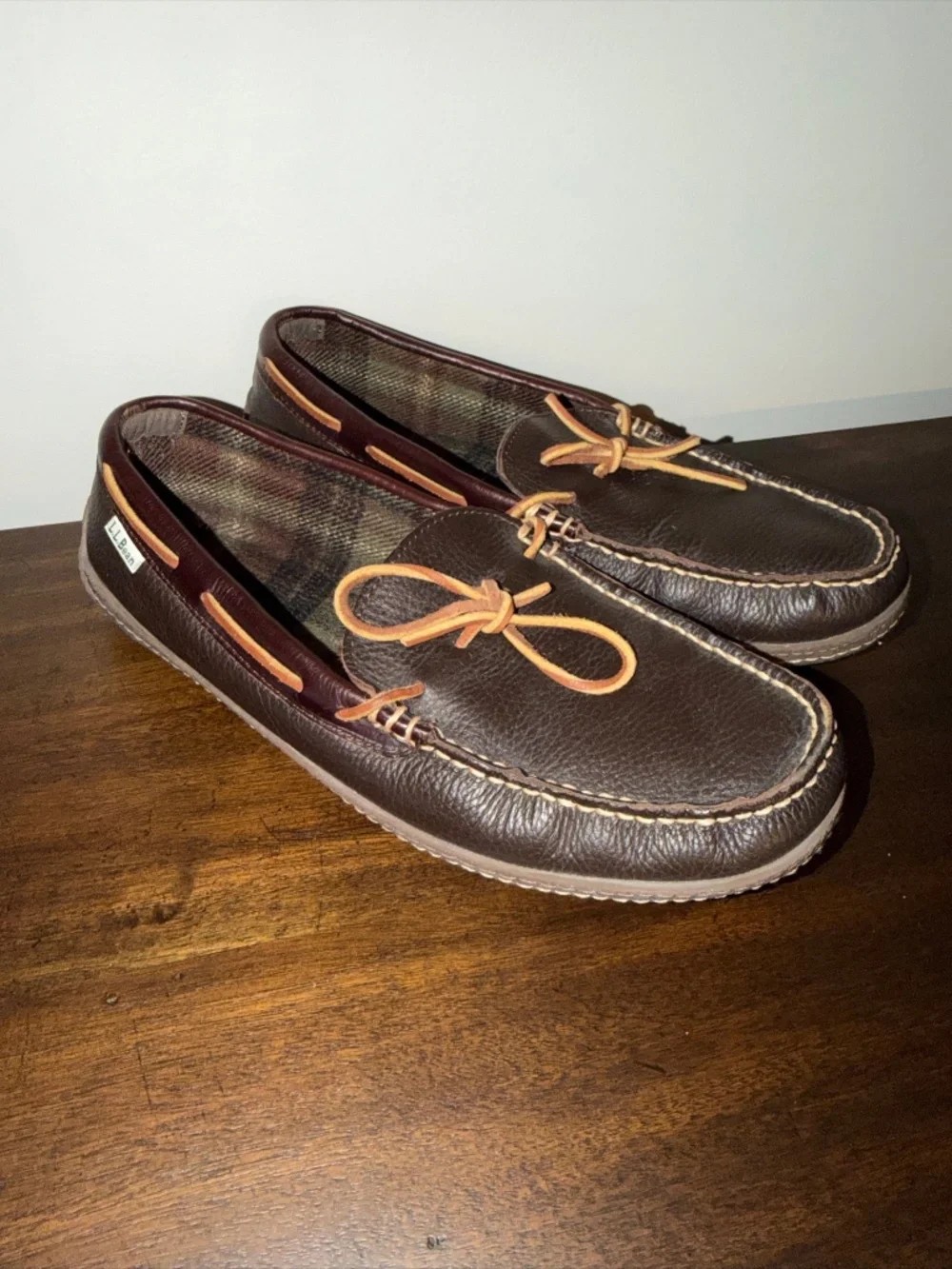 L.L. Bean Handsewn Flannel Lined Moccasin Slippers Men's Brown Leather - US 12